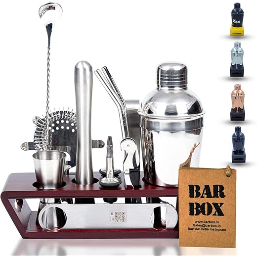 Bar Box Brown Wood Stand - 14-Piece Home Bartending Kit Martini Cocktail Shaker Set with Peg Measurers, Muddler, Bottle & Wine Opener Stylish Brown & Silver Bar Accessories and Bar Tools for Home