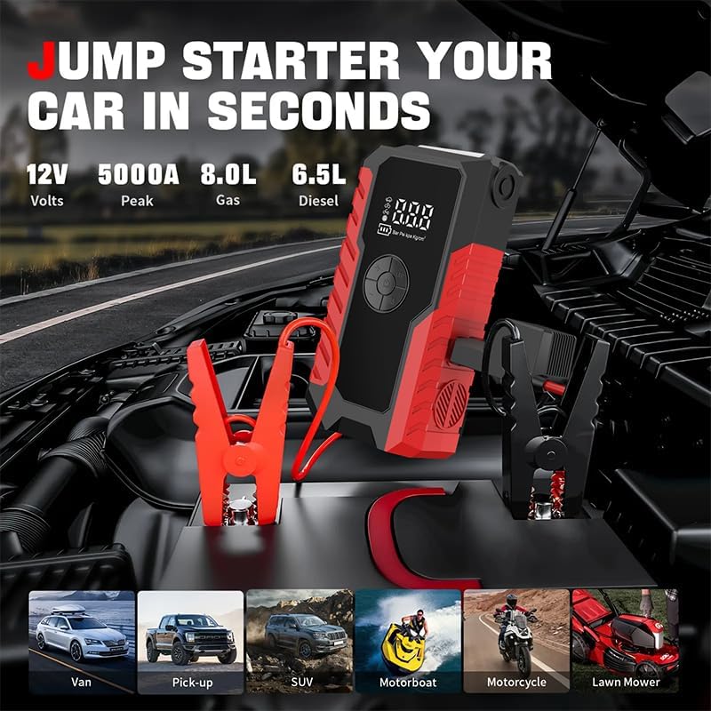 Portable Jump Starter with Air Compressor 5000A,12V Car Charger Jump Starter Power Pack,150 PSI Tire Inflator and Jumper Box for 9.5L Gas/8.0L Diesel,with USB Port and LED (Red-Black)
