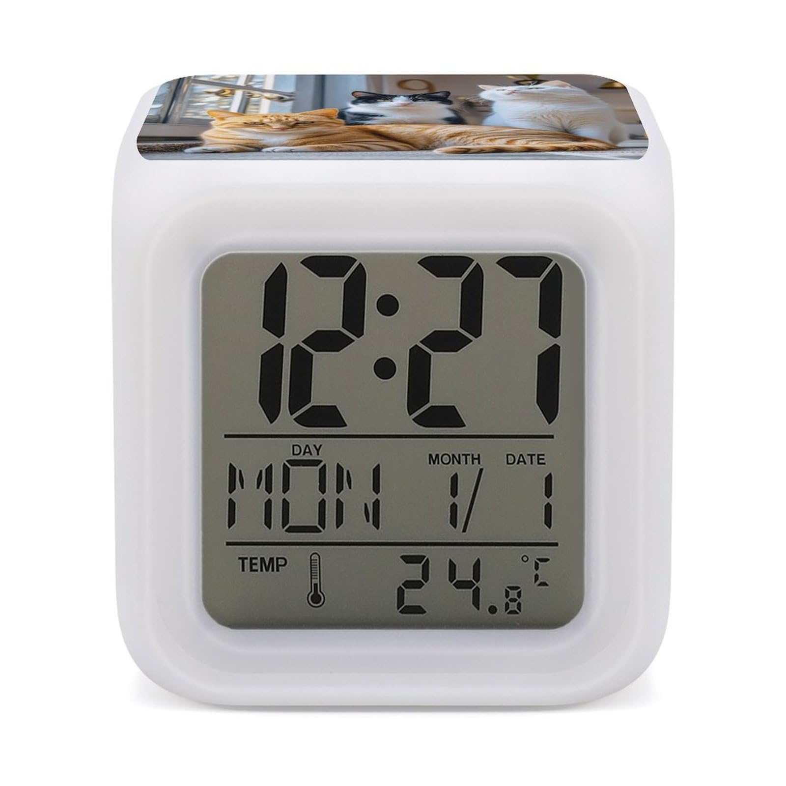 LZQPOEAS Cat-jpg Alarm Clock Desk Clock with 7 Color Changing Night Light Digital Clocks with Temperature Display Sleep Training and Sound Machine for Heavy Sleeper