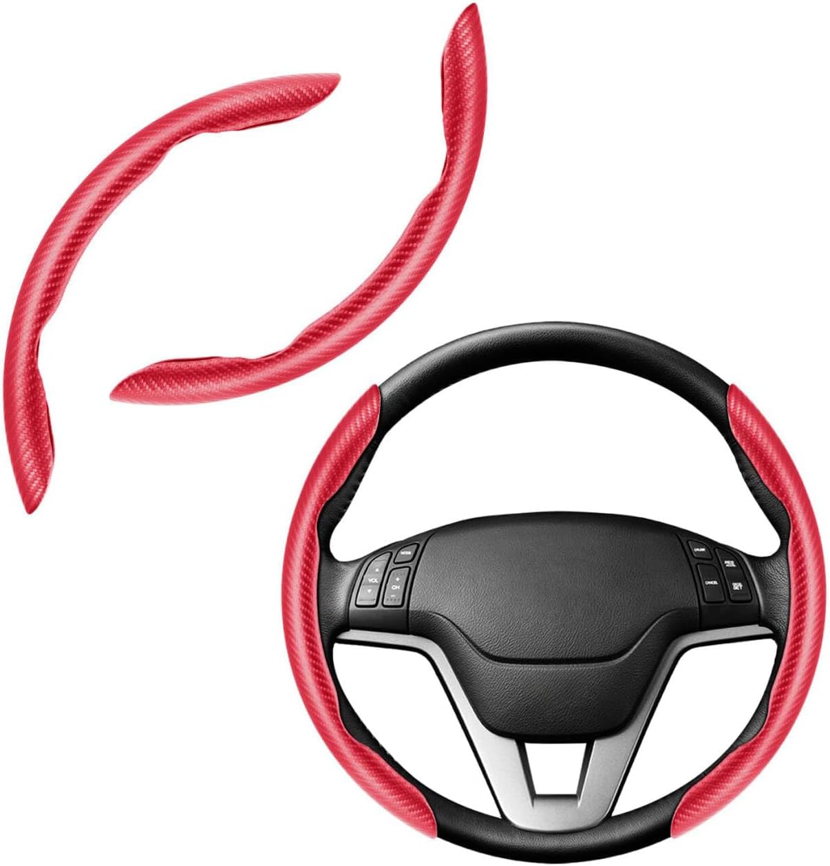 2PCS Carbon Fiber Steering Wheel Cover, Segmented Anti-Skid Universal Fit, Waterproof Car Wheel Protector (Red, 2PCS)