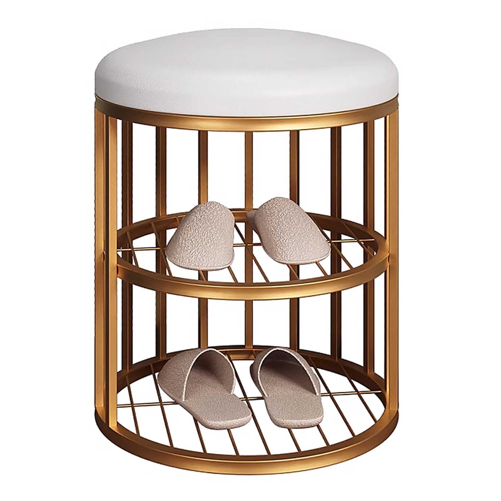 KLGFBDC Entryway Shoe Bench with Metal Frame 2-Tier Shoe Rack and Round Seat Stylish Shoe Storage Organizer for Hallway Compact Entryway Furniture Solution