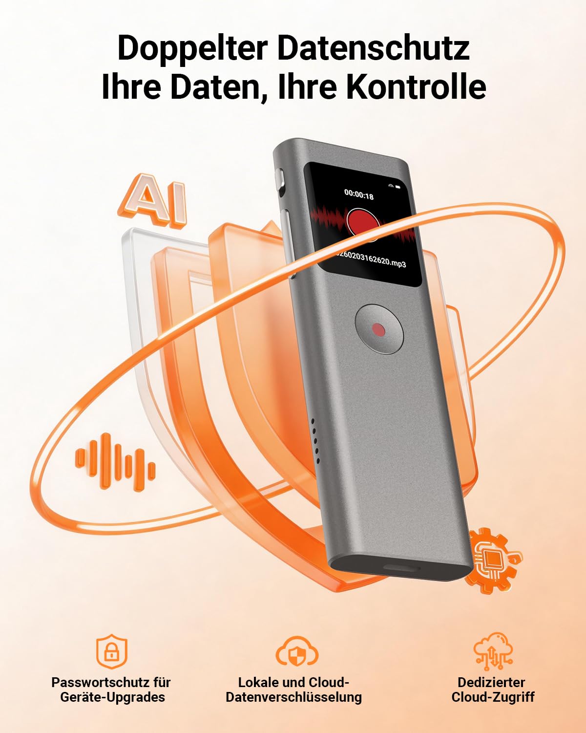 KI Digitales Diktiergerät, Transkribieren und Zusammenfassen, Sprachaktivierte Aufnahme mit Playback, 90+ Sprachen, 64 GB Speicher, One-Touch-Aufnahme, Für Vortrag/Interviews/Klassen