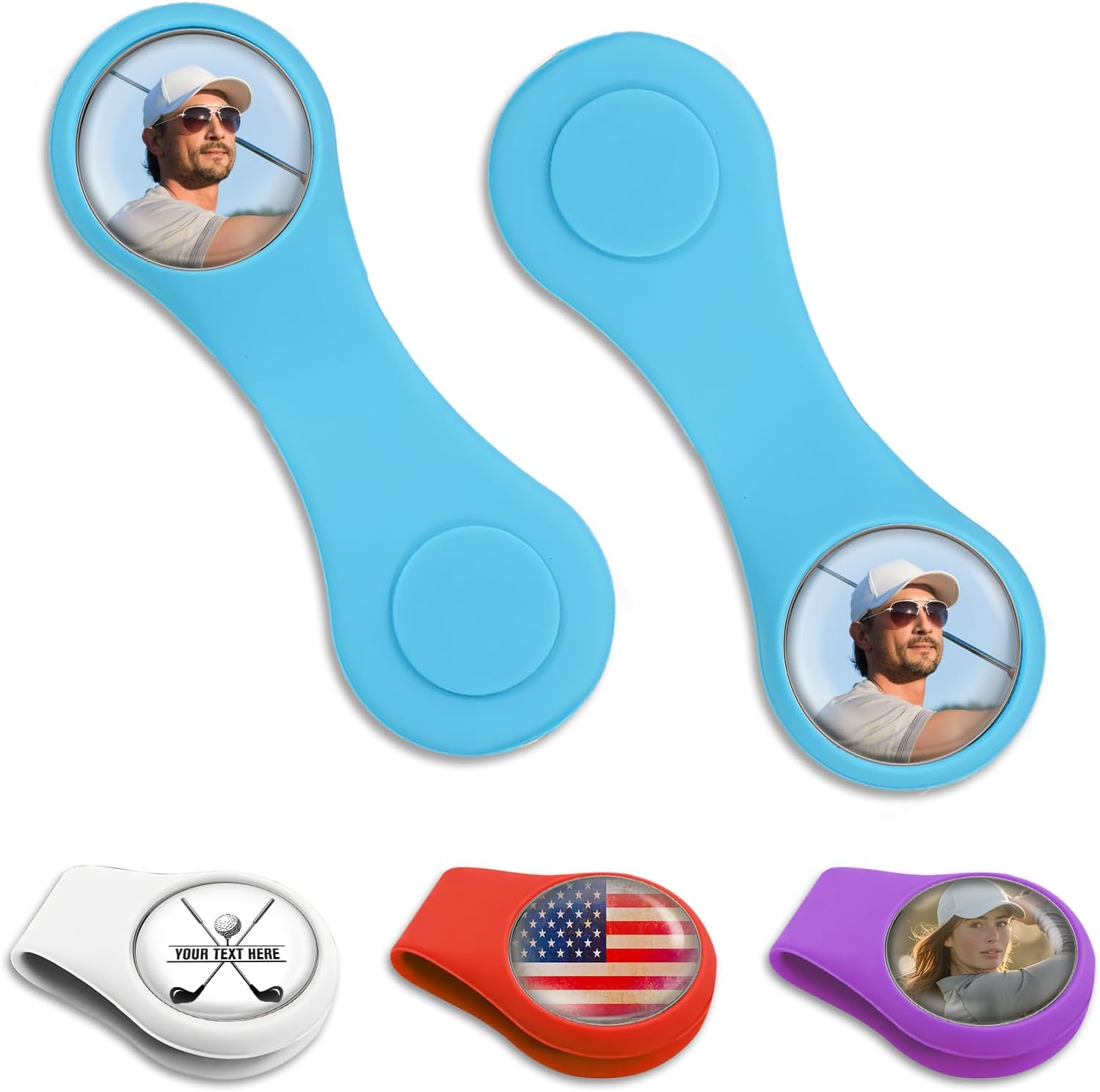 ubmpj 2PCS Custom Golf Ball Markers with Silicone Hat Clips, Personalized Photo and Text Magnetic Ball Markers for Men and Women, Customized for Golf Enthusiasts