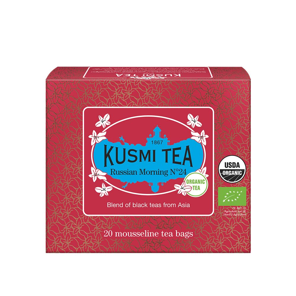 Kusmi Tea - Russian Morning No.24 - Organic Black Tea - Blend of Asian Black Teas - Grand Yunnan, Ceylon & Assam - Smooth, Flavourful, Caffeinated Tea - 20 Tea BagsEU OrganicUSDA Organic