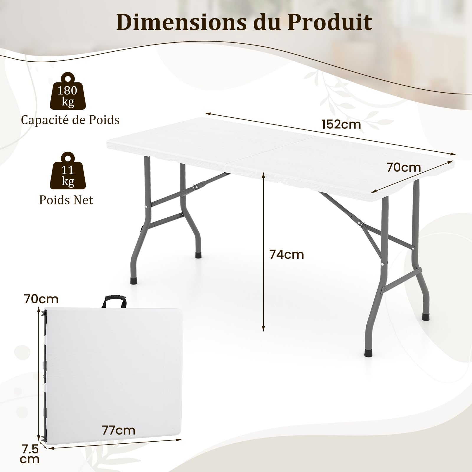 COSTWAY Table de Camping Pliante de 152 cm, Table de Pique-Nique pour 4 à 6 Personnes Plateau en PEHD Poignée de Transport, pour Camping Barbecue Fête (Blanc)