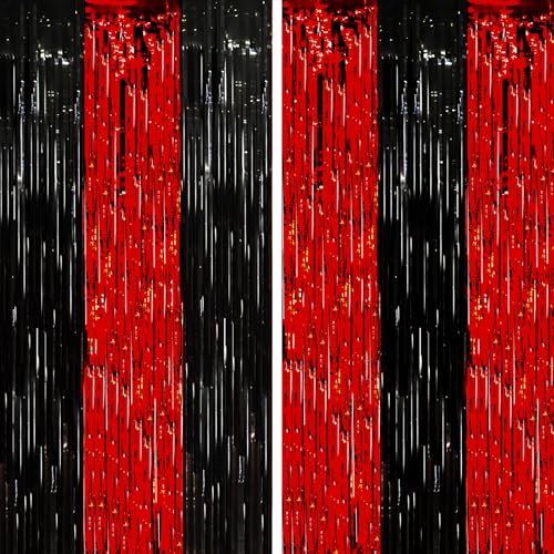 Image of Voircoloria 2 Pack Red and Black Tinsel Foil Fringe Curtains, Red and Black Party Decorations, Metallic Tinsel Party Streamers Backdrop for Halloween Birthday Red Carpet New Years Party Decorations