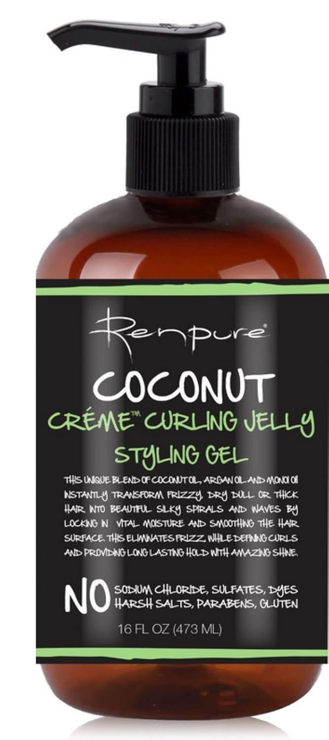 RENPURE Creme Curling Jelly Styling Hair Gel, Coconut, Basic, 16 Fl Oz