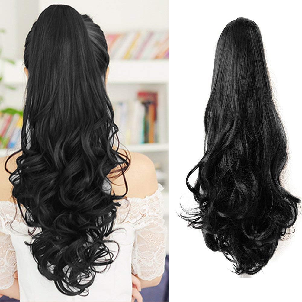 ZALYA Hair Extensions And Wigs Ponytails Hairpiece Straight-Curls Wavy Claw Clip Ponytail Hair Extensions approx 22 inch long Black-image-24