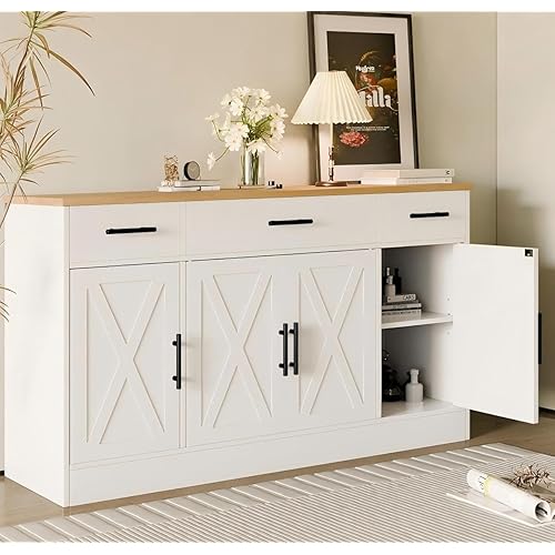 SUNLEI Buffet Cabinet with Storage, Farmhouse Storage Cabinet with 4 Doors and 3 Drawers, Wood Buffet Table with Adjustable Shelf for Living Room, White