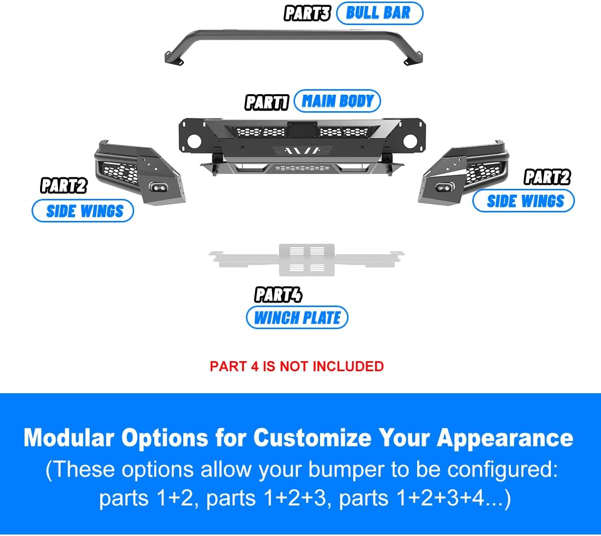 eksploderede view of front bumper components