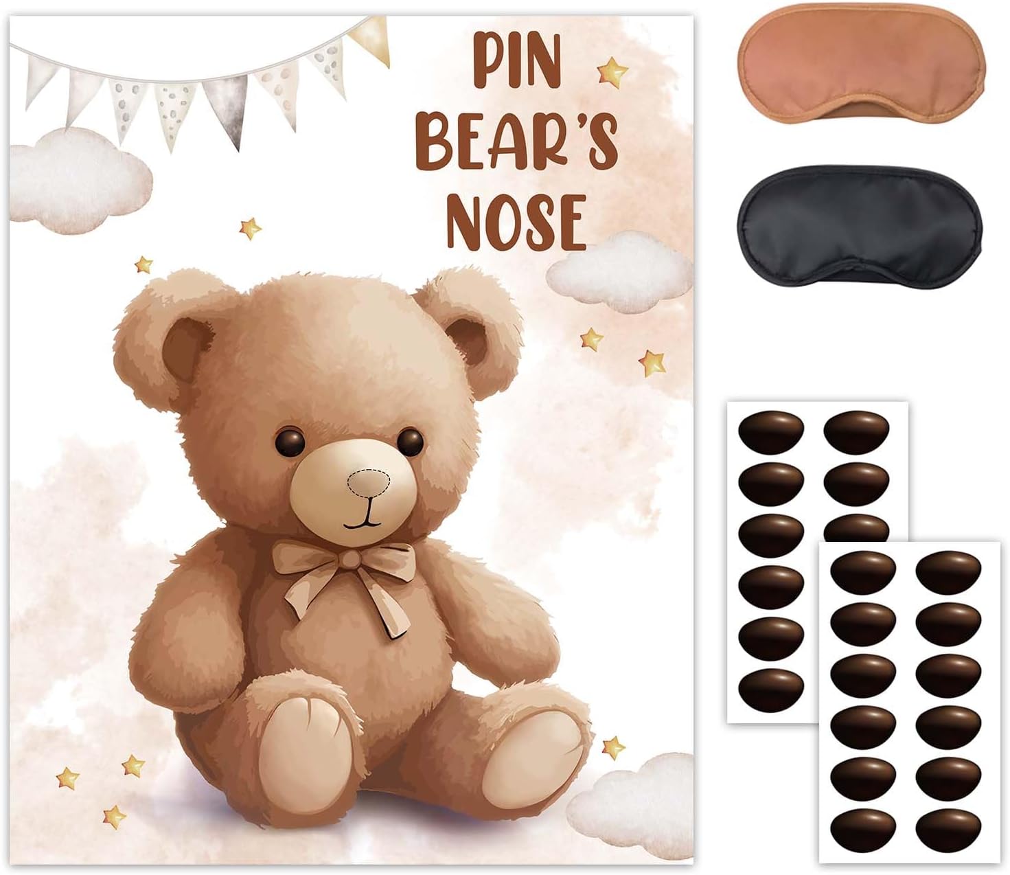 Pin The Noses on The Bear,Teddy Bear Party Game,Large Poster wiht 24PCS Noses Stickers for Kid's Birthday Baby Shower Theme