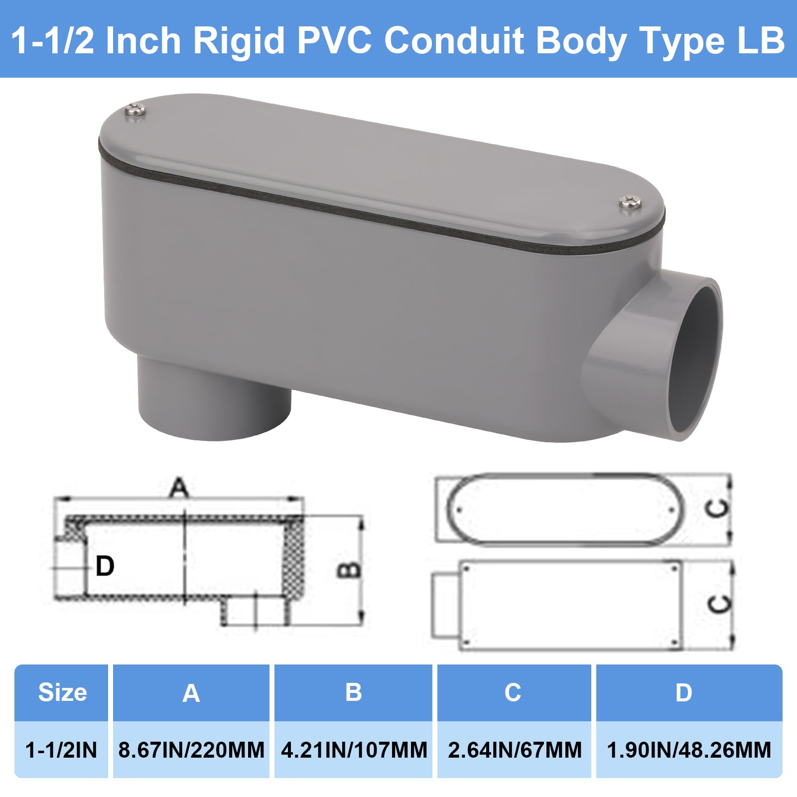 2Pack 1-1/2Inch Rigid PVC Conduit Body Type LB 1.50IN Slip x Slip PVC Conduit Bodies LB Type with Cover and Gasket, Gray — Amazon image 2