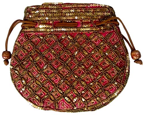 Sac Potli rose broderie paillettes fil doré petit sac à main cordon