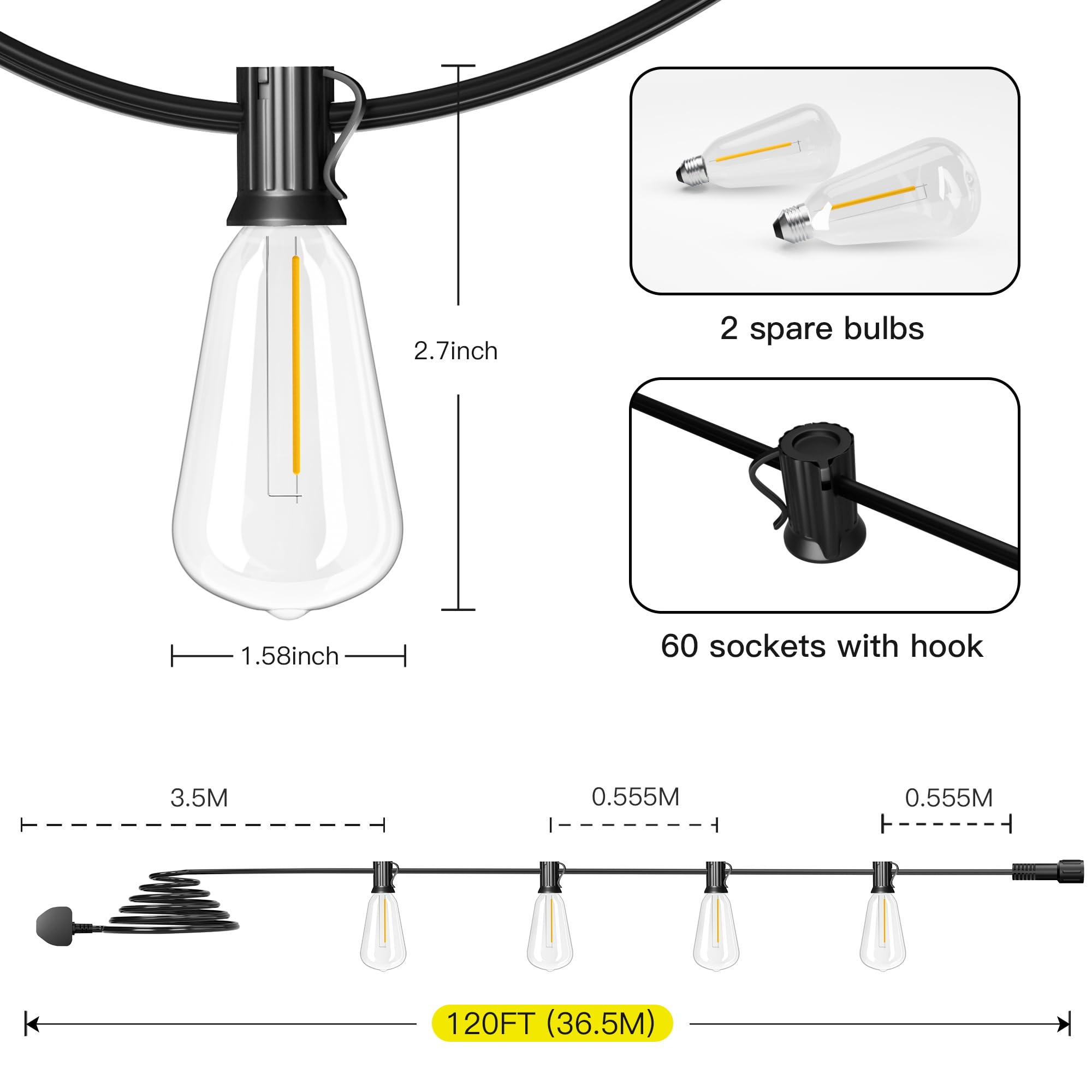 Torkase Lichterkette Außen Strom 36m-Bruchsicher ST38 Outdoor Lichterketten z 60+2 Glühbirnen Aussen Wetterfest Dimmbar Warmweiß Aussenlichterkette Retro Lights Birnen do tarasu Biergarten