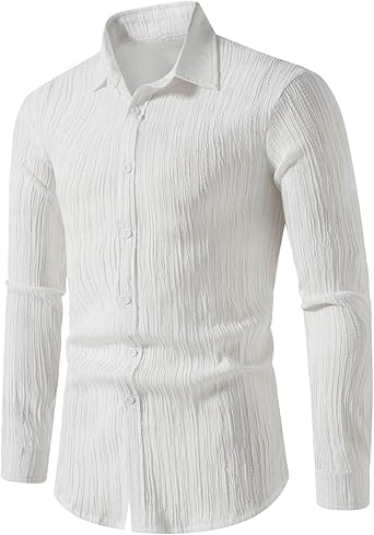 Linen Shirts for Men 2023 Casual Stylish Long Sleeve Button Down Dress T Shirt Slim Fit Wavy Striped Suit Shirt