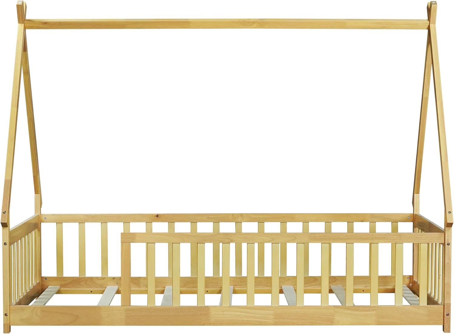 Twin Size Tent Floor Bed for Kids,Teepee Montessori Floor Bed with Fence and Slats for Girls Boys,Natural