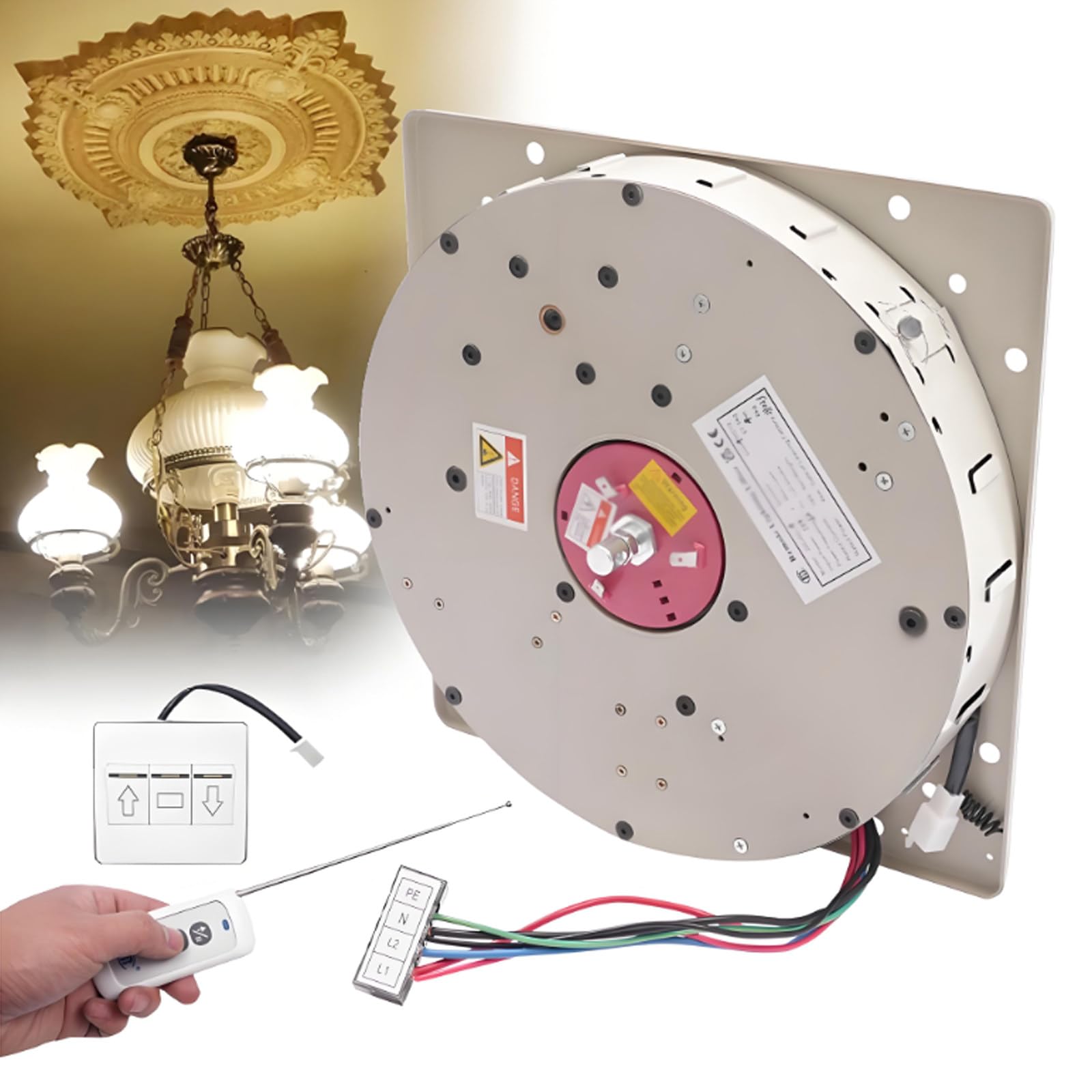 HYJAUSXB Remote Control Chandelier Hoist with Wall Switch for Heavy Duty Lamp Cleaning and Maintenance