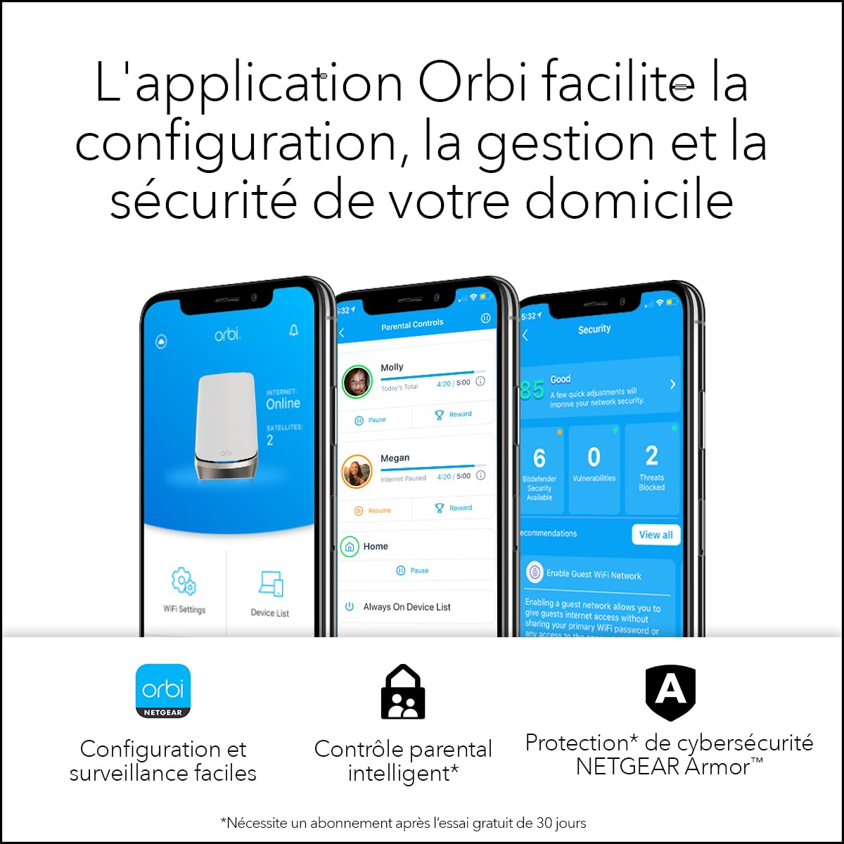 NETGEAR Orbi WiFi 6E Mesh (RBKE963) - Système Quad-Band avec Routeur WiFi 6E et 2 Satellites Couvre 800 m² et 200 appareils Vitesses Ultra Rapides de 10,8 Gbit/s (AXE11000) Installation Ultra Simple