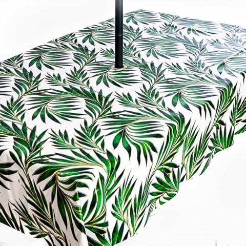 PVC Wipe Clean Garden Tablecloth with Rust Proof Stainless Steel Parasol Hole in Stunning Tropical Palm Design 200cm x 140cm Cover