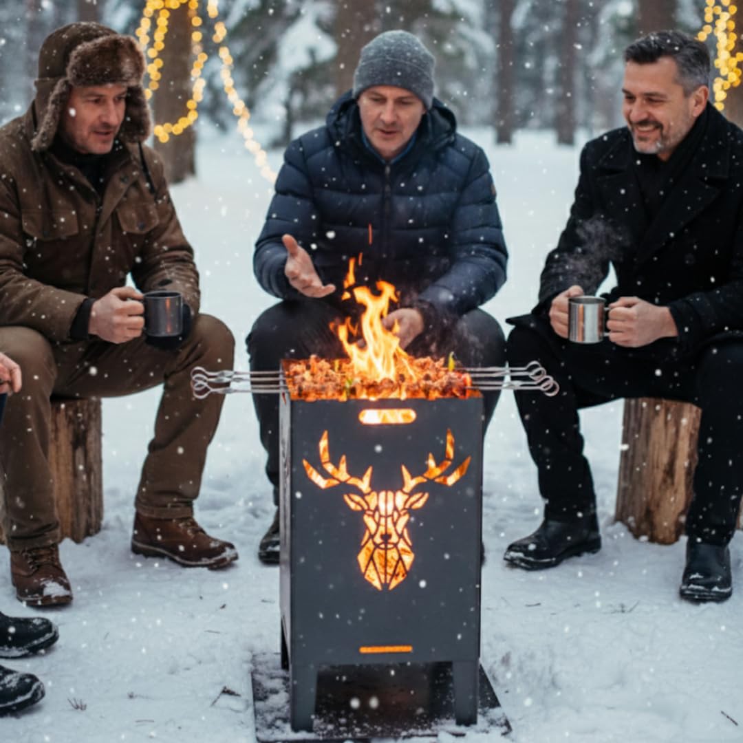 Feuertonne Hirsch & Löwe - Massive Feuerkorb Feuerschale aus Stahl Outdoor Firepit mit Motiv Stabil, Wetterfest, Perfekt für Garten, Terrasse Funkenflugschutz Cut-Out Design (50cm Hirsch)