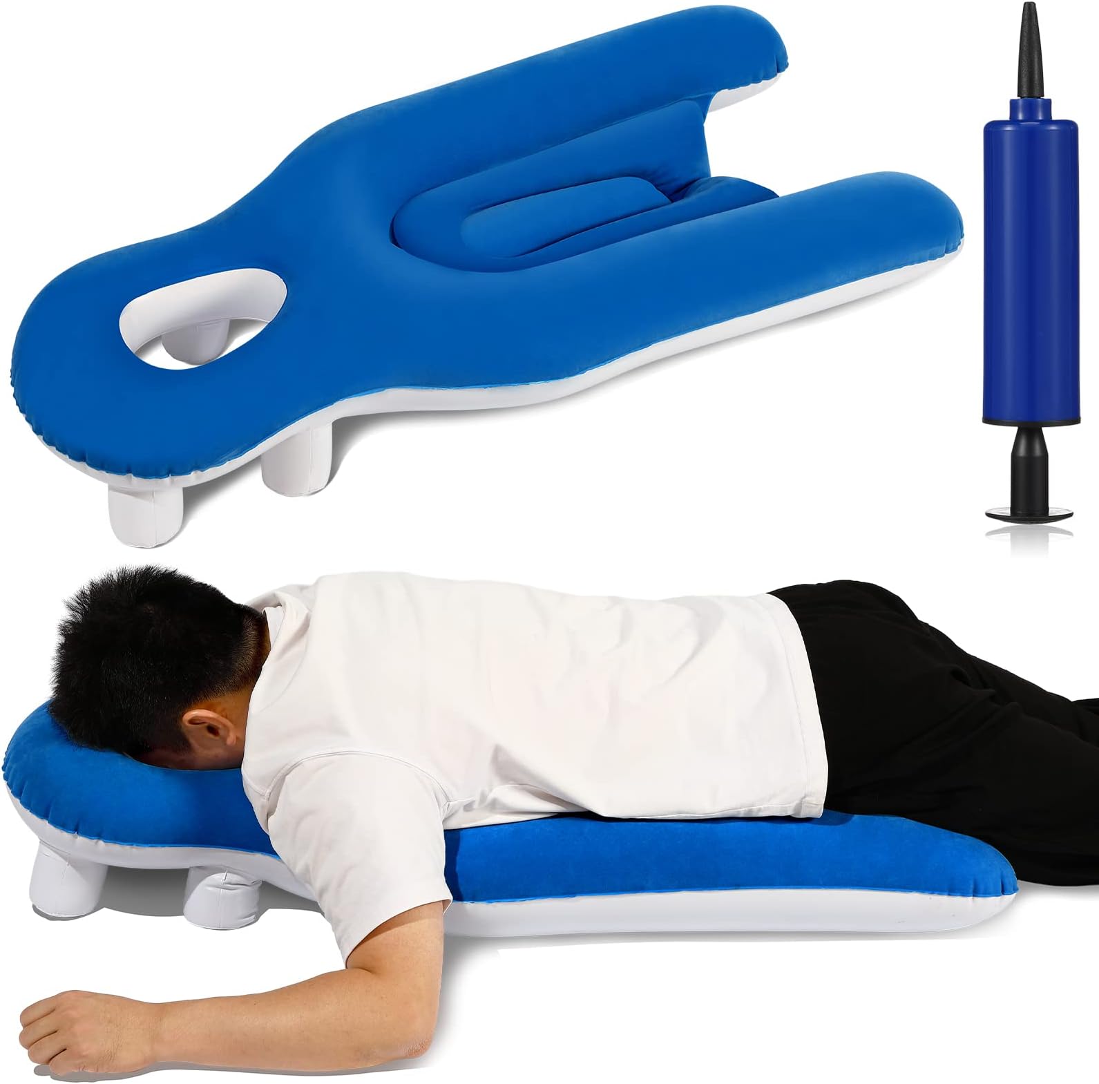 KigleyFace Down Pillow Inflatable Recovery Equipment 37.4 x 23.62 Inch Portable Prone Pillow Donut Pillow with Pump for Head Stomach Sleeper Eye Recovery Bed Sleeping Supplies, Royal Blue