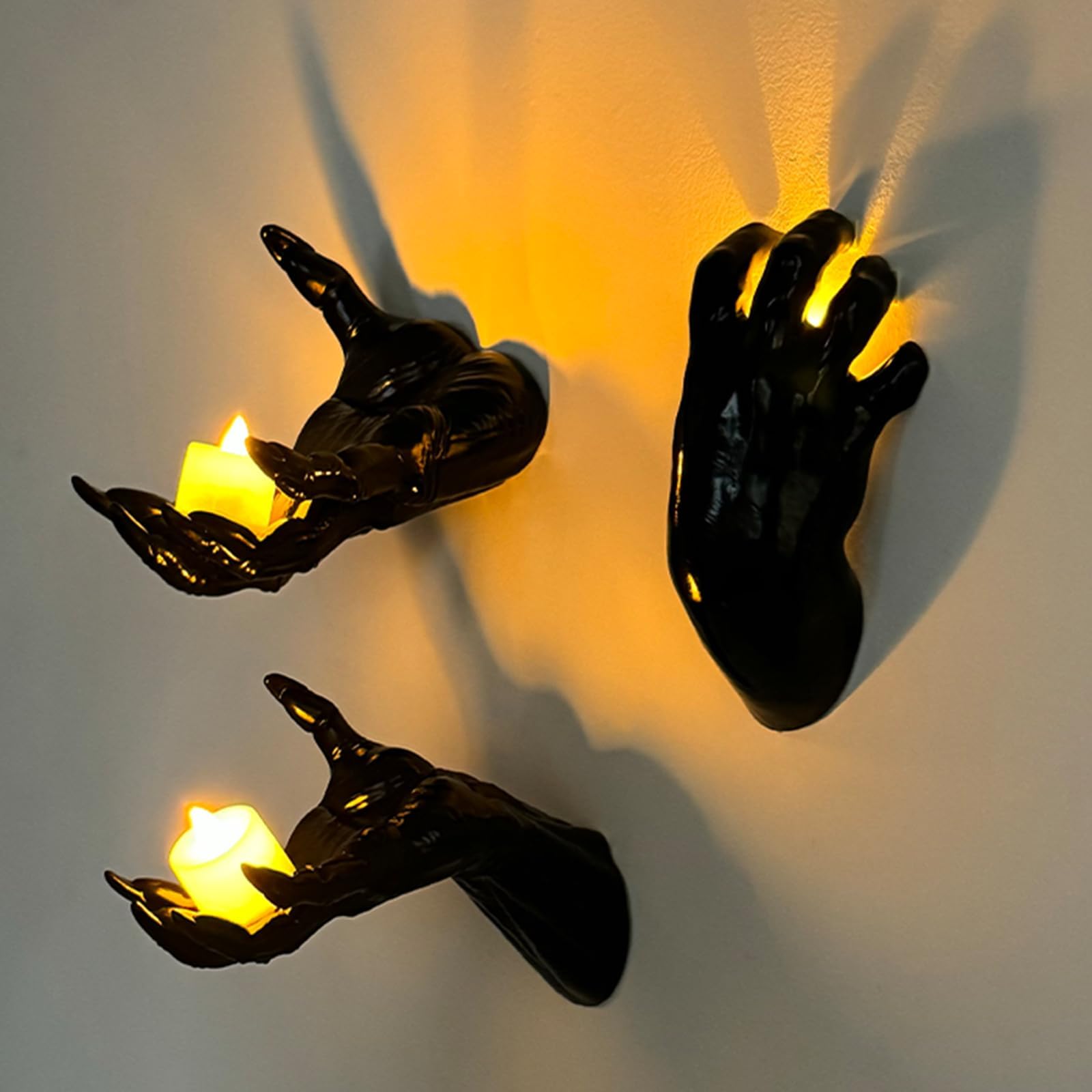 Halloween Decorations Indoor/Outdoor, Pack of 3 Wall Mounted Creepy Reaching Hands with Candles, Life-Sized Horror Hands for Wall Decorations, Gothic Hanging Wall Art Sculpture