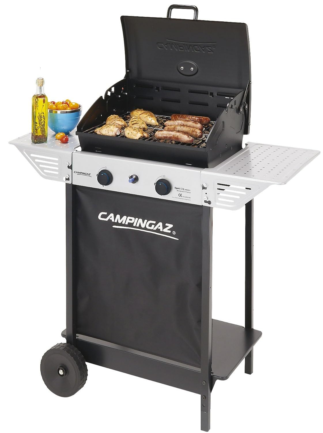 Campingaz Xpert 100 L Plus Rocky Barbacoa Gas para Piedra Volcanica, con 2 Quemadores, 7.1 kW de Potencia,2 Parrillas de Acero Cromado,2 Mesas Laterales y Rocas de Lava,Negro, 98 x 48 x 124 cm