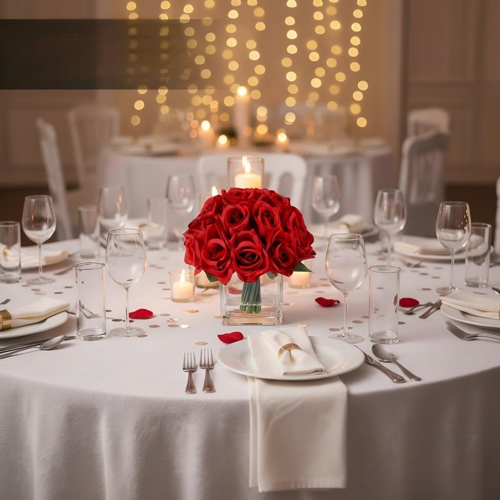 18 Heads Artificial Rose Flowers in Vase, Fake Rose Floral Arrangement in Vase with Fake Water for Dining Table Wedding Home Decor (Red)