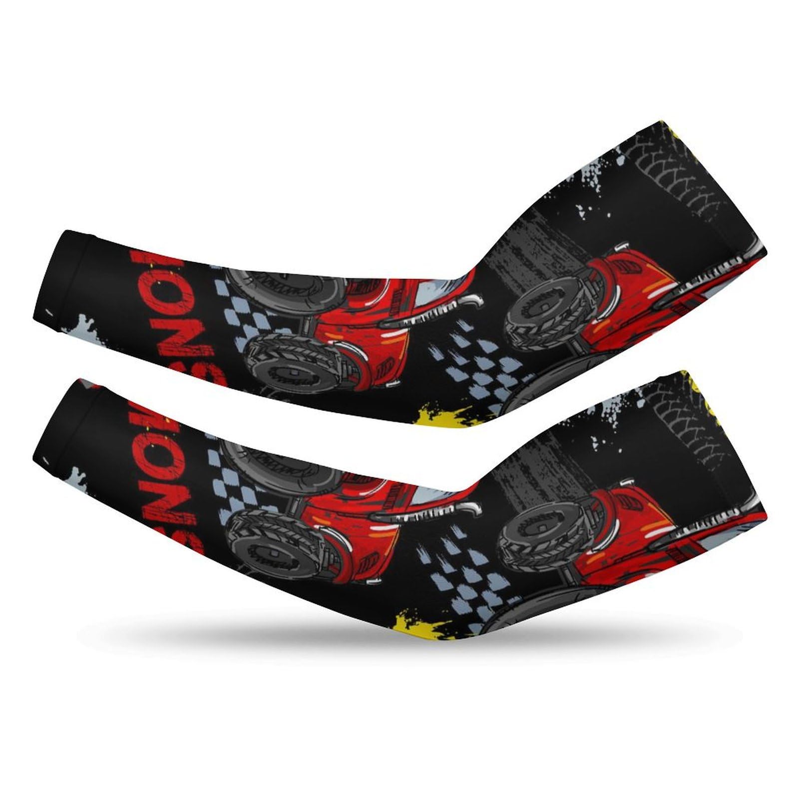 Xmkltbz 1 Pair Cooling Arm Sleeves, Unisex Warmer Spandex Sports Cover Uv Sun Protection for Cycling Golf Running L Print Red Truck Car, Trace of Tire, Drive and Speed on Black