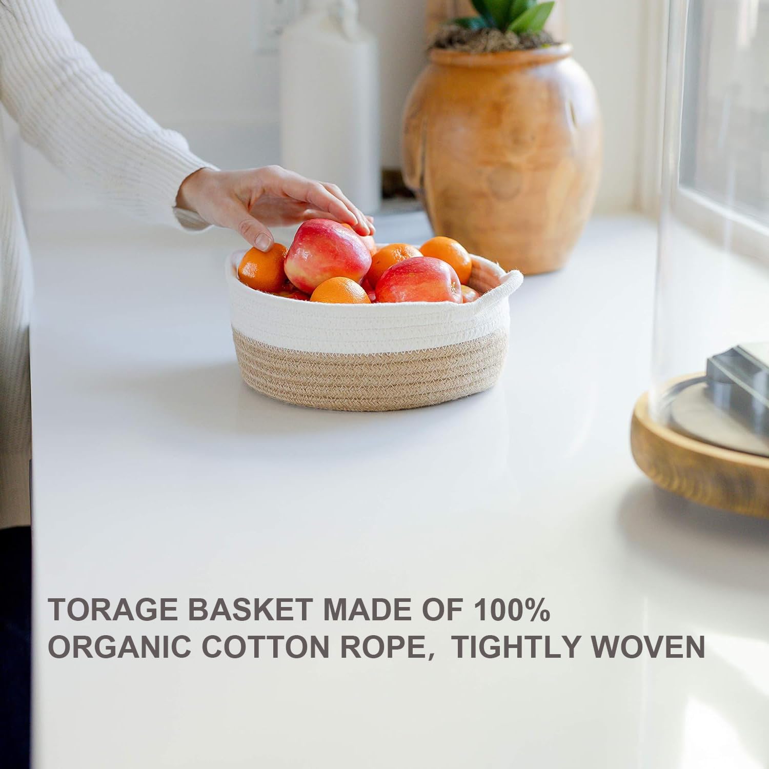 Lot de 5 Panier Rangement en Corde de Coton, Paniers et Boîtes de Rangement avec Anse, Corbeille décorative tressée pour placard, salle de bain ou chambre de bébé