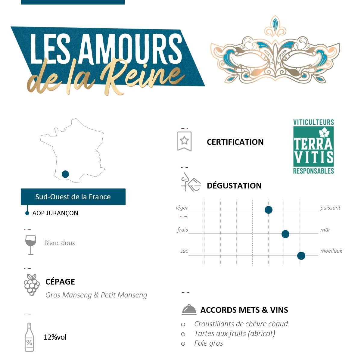 Jurançon Moelleux - Les Amours de la Reine - Vin Blanc - AOP Jurançon - Lot de 6 bouteilles x 75 cl