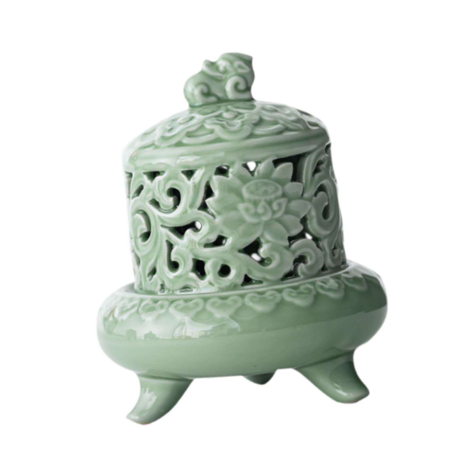 Alcxazs Green Features Lid Hollowed Out Censer Incense Burner With Lid, Style B