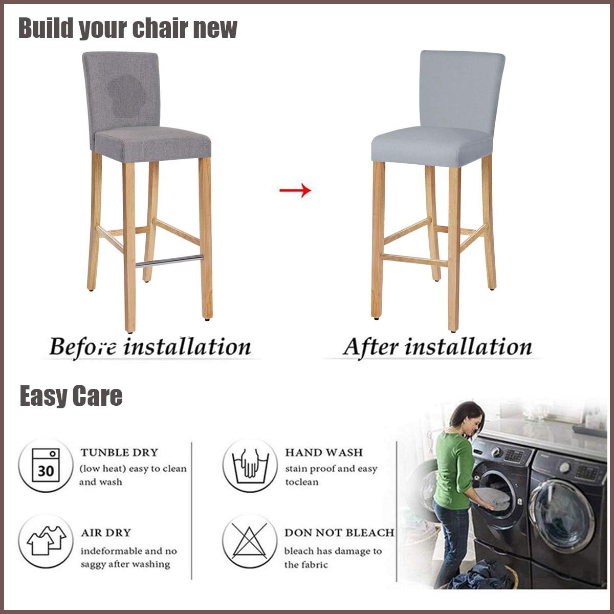 Stretch Removable Washable Dining Room Chair Covers,Bar Stool Covers,Barstool Chair Slipcovers Pub Counter Seat Cover (Light Grey,Set of 4)