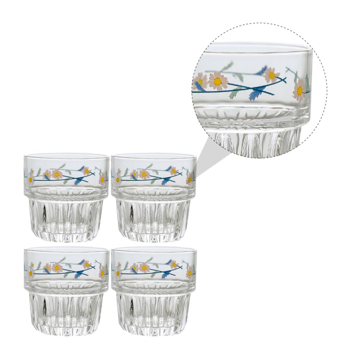 Vaso de Cristal Estilo Pastoral Margaritas, 4 Piezas Blanco | Borde Liso, Trabajo Meticuloso, Uso Múltiple, Escena para Cafetería y Restaurante, Forma Redonda