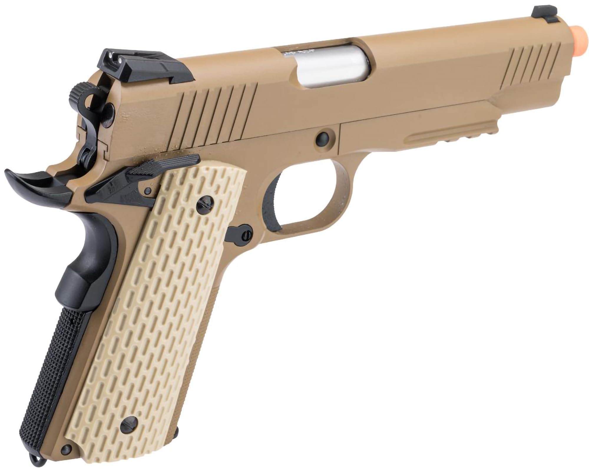 Evike Airsoft - WE-Tech 1911 Warrior Gas Blowback GBB Airsoft Pistol (Color: Desert) - (PID: 33152)