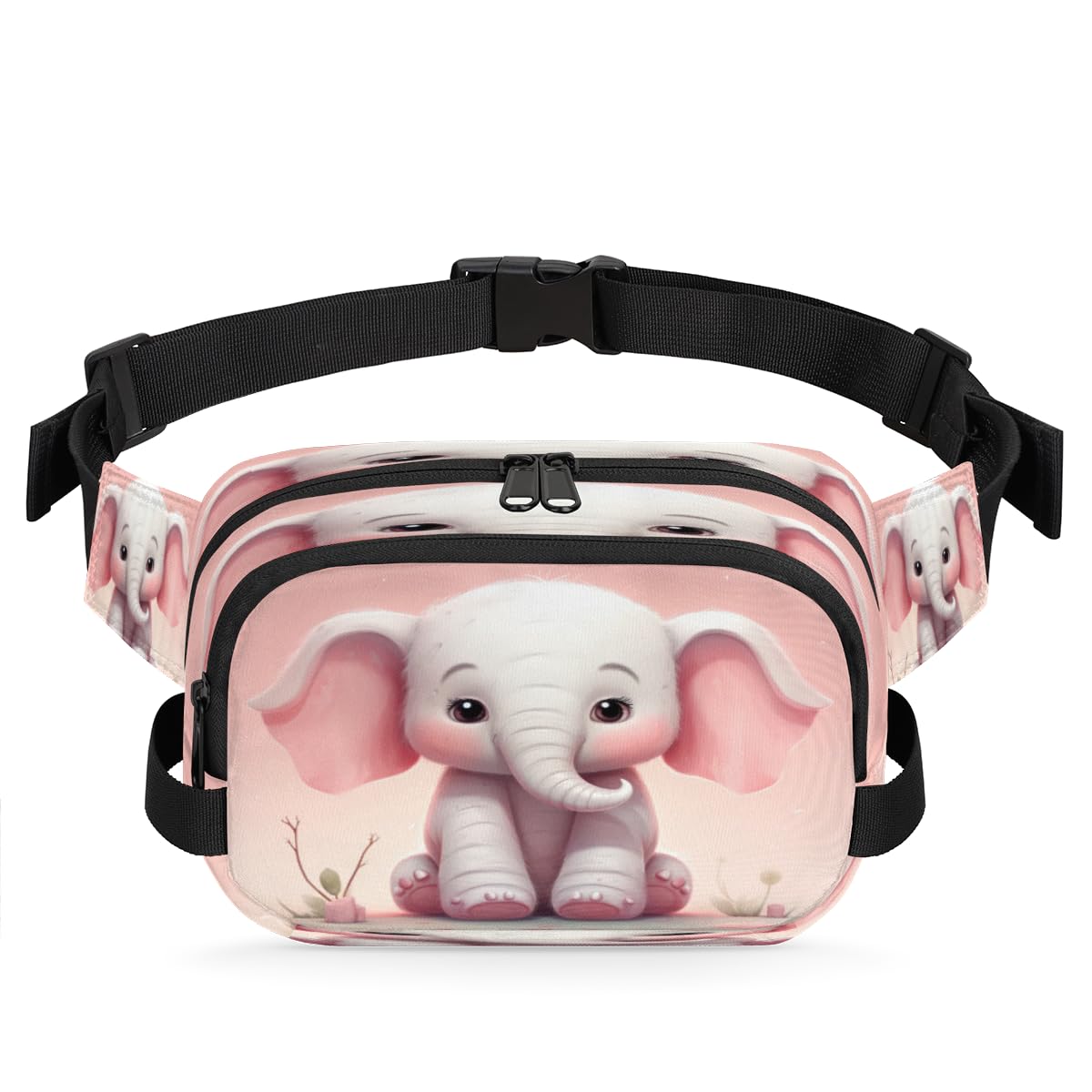 Cute Cartoon Elephant Waterproof Fanny Pack for Women Men Adjustable Waist Bag with Double Zipper Pockets Lightweight Square Hip Pack for Running Travel Hiking Workout Cycling