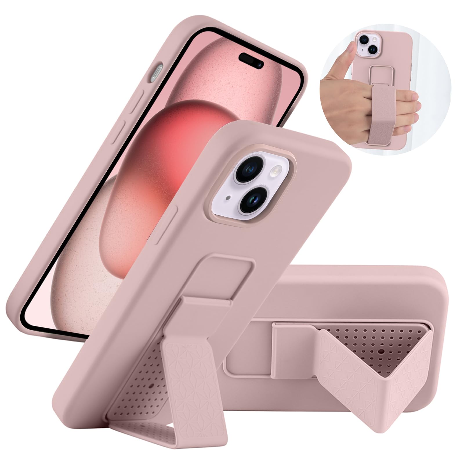 LAUDTEC Silicone Kickstand Case Compatible with iPhone 15 Plus, Vertical and Horizontal Stand Hand Strap Metal Kickstand Cover, Flexible Soft Liquid
