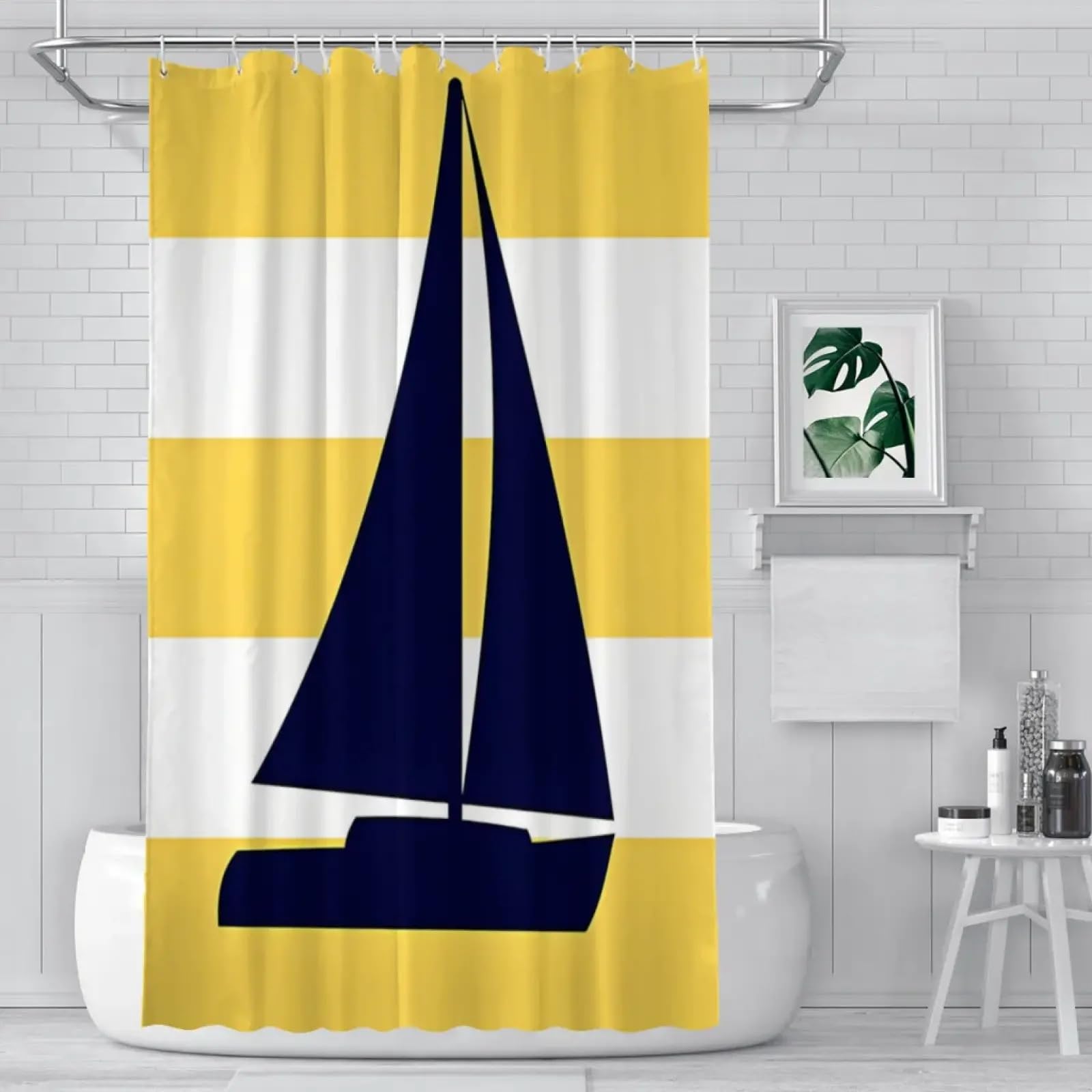 Voilier Marine Nautique sur Rayures Jaune Moutarde Rideaux de Douche de Salle de Bain Tissu imperméable Lavable en Machine avec Crochets 200x243cm (79x96in)