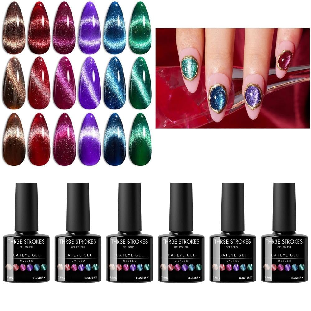 THR3E STROKES Cat Eye Gel Nail Polish Set 6 Colors, Glitter Red Shiny Brown Burgundy Purple Blue Green Magnetic Effect Sparkle Stunning Nail Gel Polish Gifts for Women, 2024 Limited Colors 7.5ML(CLUSTER X)-image-30