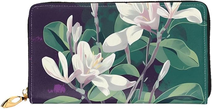 Blooming White Flowers Leather Wallet for Women Long Coin Purse Ultra Slim Credit Cards Holder Bifold Clutch