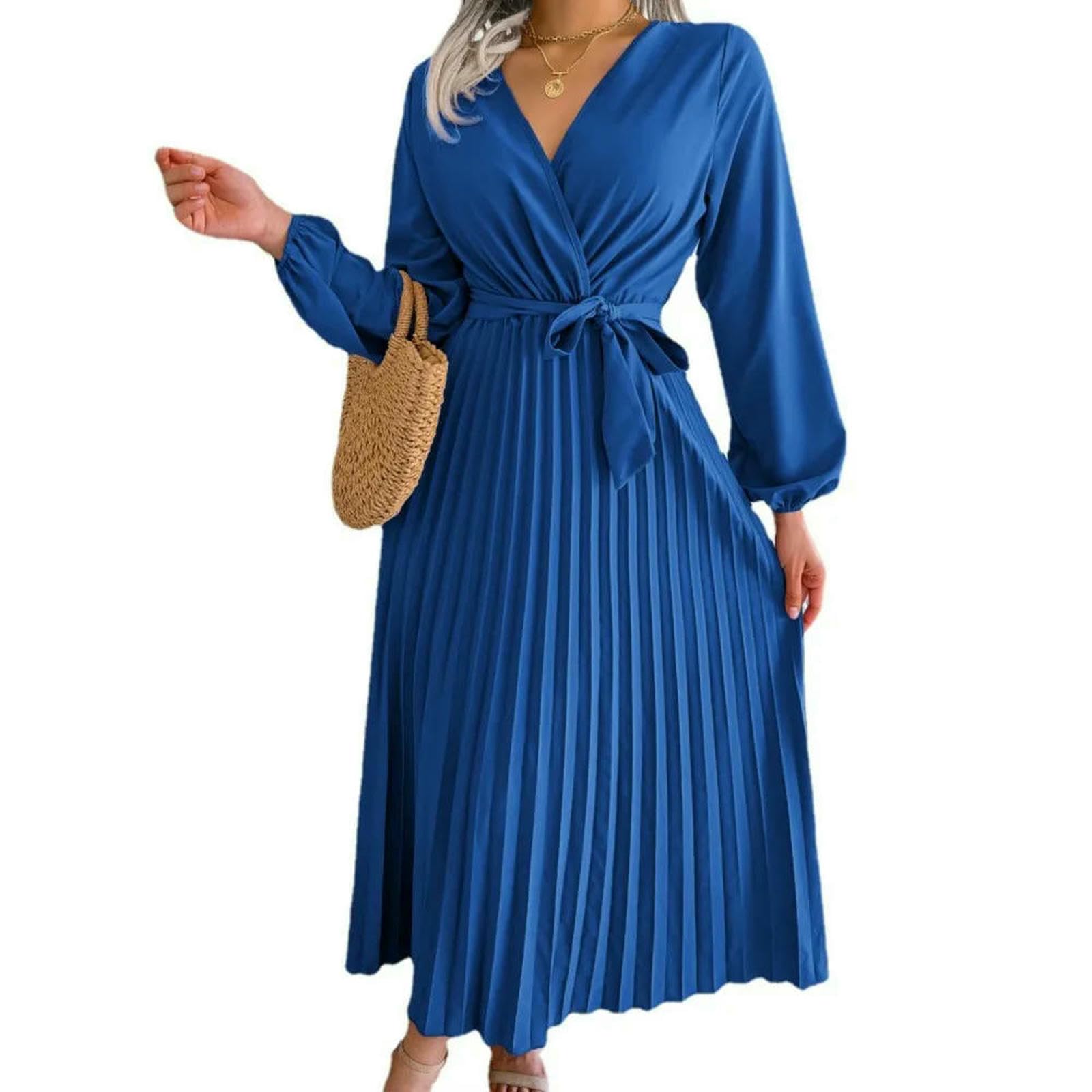 Vestiti a Maniche Lunghe Abito Autunnali da Donna, V-Scollo Cross-up Colori, Elegante Maxi Pieghe, Vestito Lungo Grande Swing, di Moda Casual