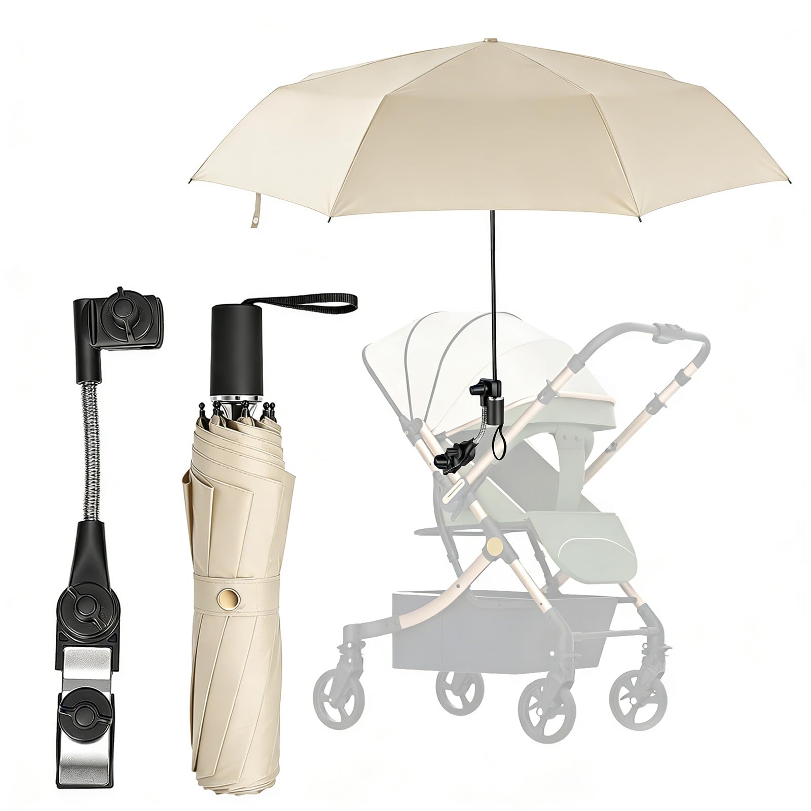 BORDRISE Pram Umbrella, Pram Parasol UPF50+ UV Protection with a Multi-Functional Stand Adjustable Sun and Wind Protection Umbrella Pushchair Parasol Universal for All Strollers Prams (Beige)