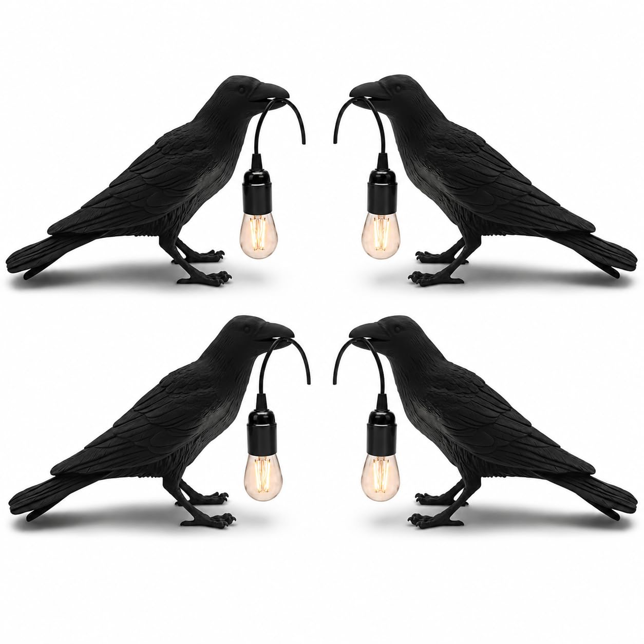 DC VOLTAGE Black Birds Table Lamps 4 Pack Resin Crow Desk LED Lamp E27 Base Modern Raven Art Deco Bedside Decor Plug in Cord for Bedroom, Office, College Dorm, Right Black