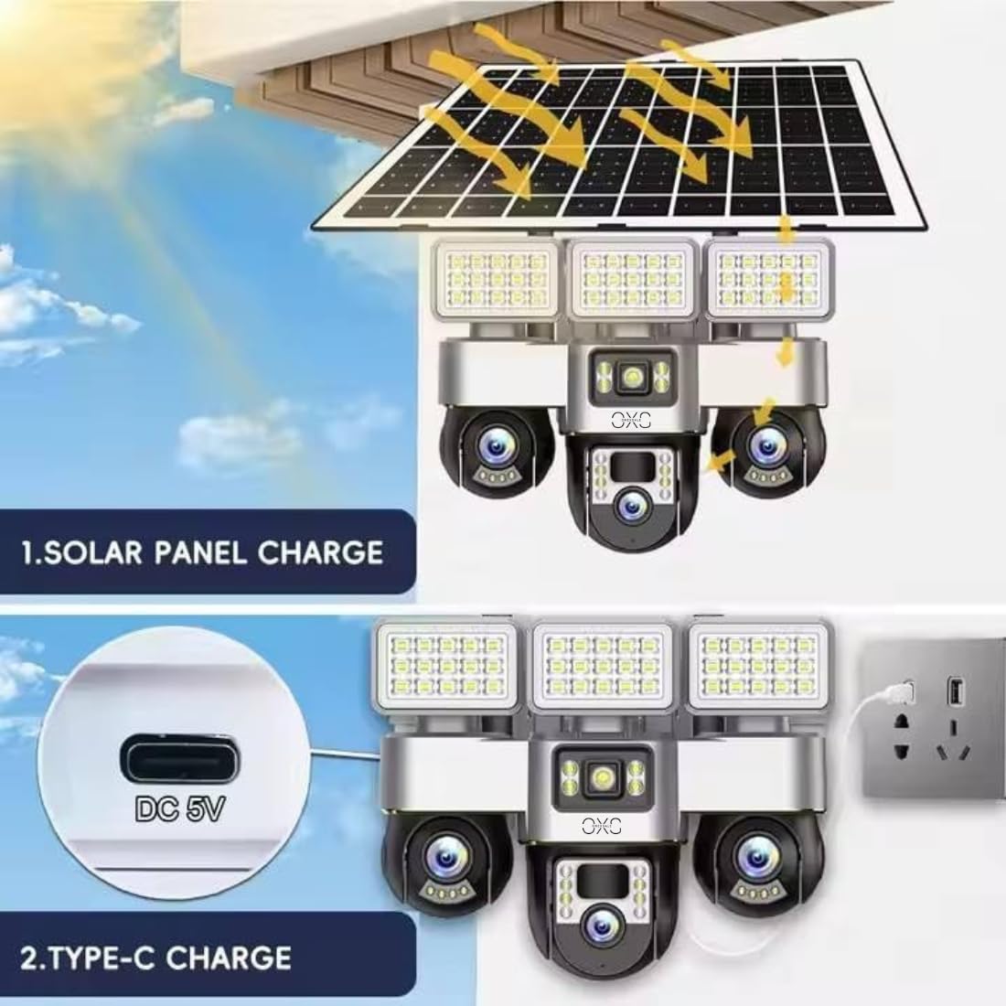 OneXsale 4G Solar Security Camera – Triple Lens 3MP, 3-Screen Panoramic View, 10X Zoom, Auto-Tracking Human Detection, Color Night Vision, Two-Way Audio, 20000mAh Battery, IP66 Waterproof, No WiFi 3