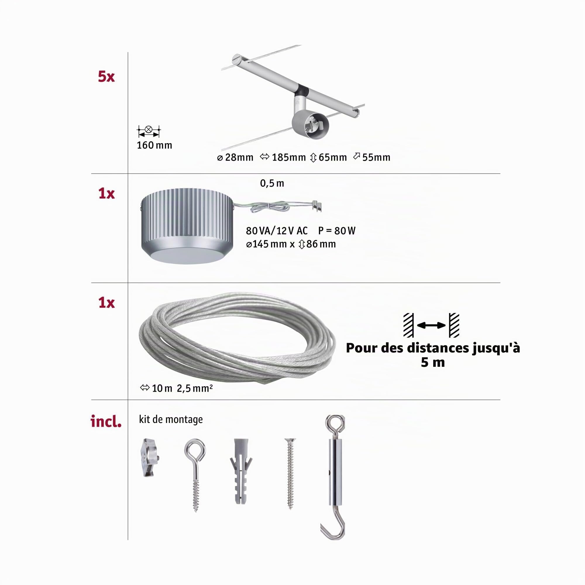 Paulmann 94145 Système de Câbles Sice Salt Set Extensible 5x10W max, Chrome Mat Système sans Ampoules