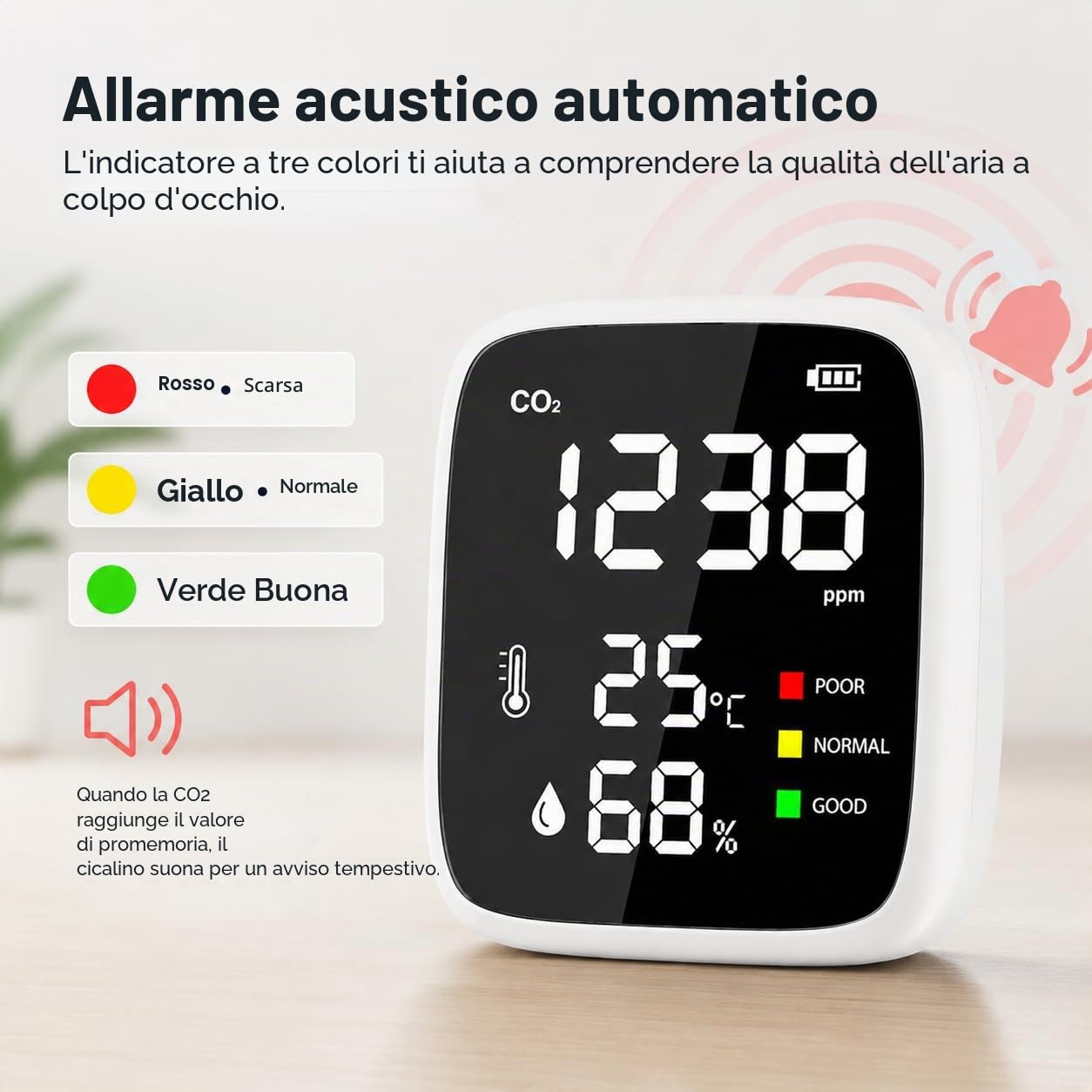 Misuratore di CO2, Rilevatore Co2, Misuratore di Temperatura E Umidità Con Allarme, Ricaricabile Rilevatore Di Anidride Carbonica Misuratore Qualità Dell'Aria Per Casa, Ufficio, Viaggio