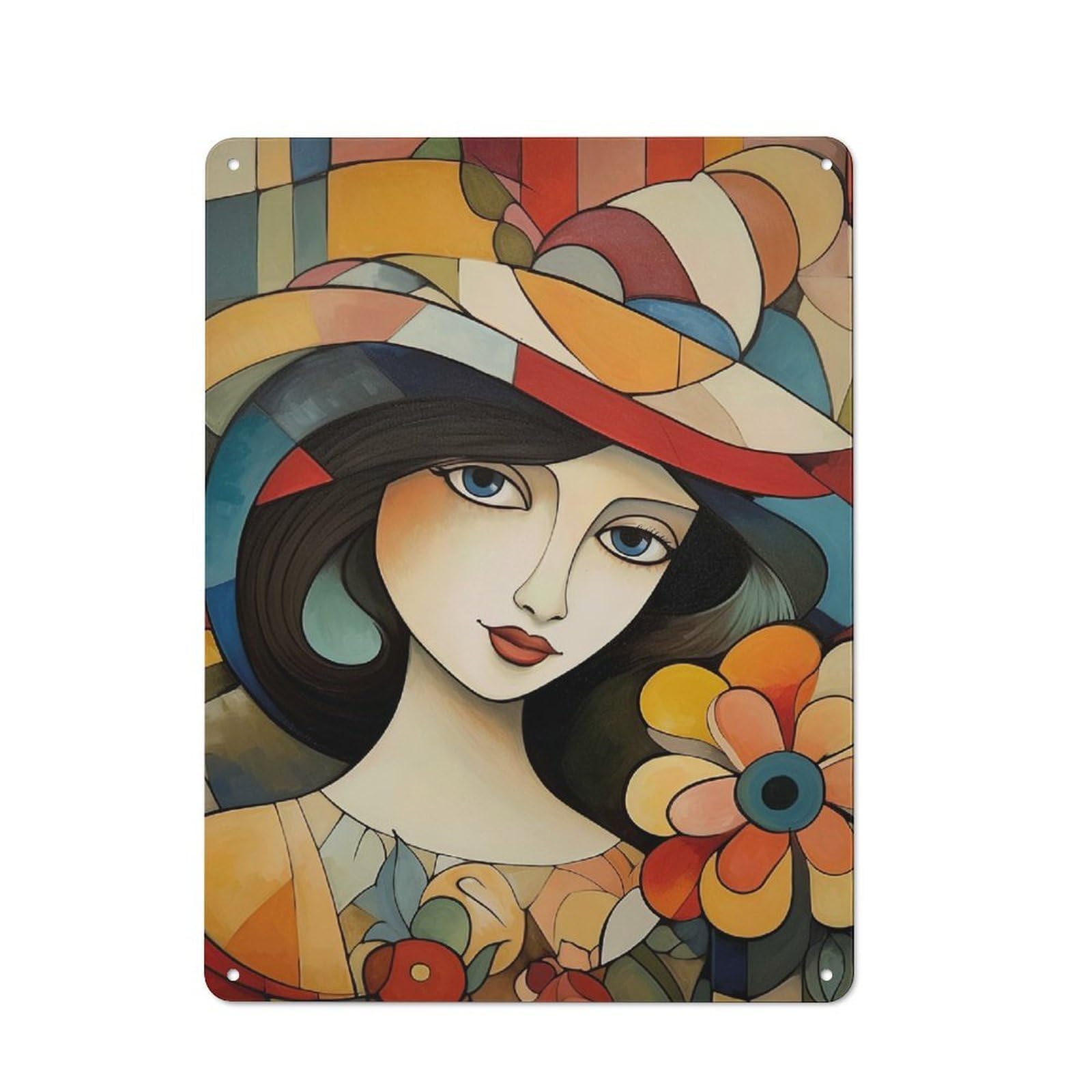 Junmoney Style-9 Abstract Woman With Hat And Flower Urban Metal Wall Decor 40X30cm, Metal Wall Art Sign For Loft, Studio, Office Or Creative Room