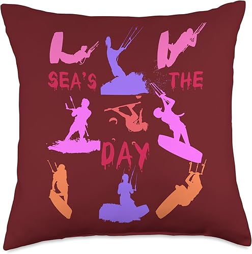 Kitesurfer Silhouette Pattern with Seas The Day Quote 11 Throw Pillow, 18x18, Multicolor