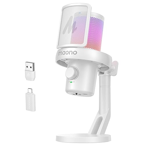 MAONO Microfono Wireless, Microfono PC con Software Cambiavoce Vocale IA, Cancellazione del Rumore, EQ personalizzata, Luci RGB Regolabili per Gioco, Podcasting, Streaming, DM40 Bianco - DM40 - Bianco