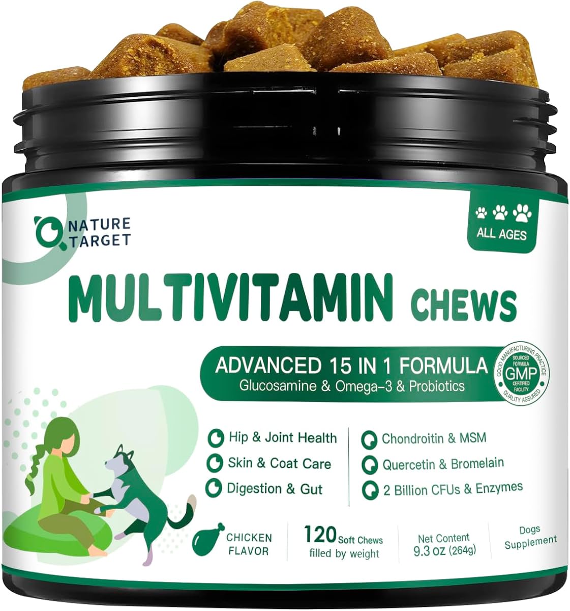 Multivitamin for Dogs, 120 Soft Chews, Chicken Flavor | with MSM & Glucosamine, Omegas 3 & 6, & Probiotics for Digestive Health, Joint Support, Skin & Coat, Immune & Overall Health